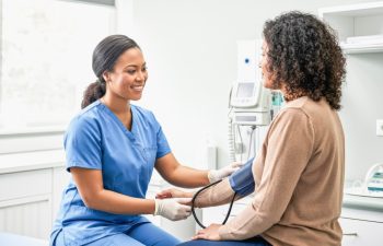 Nurse taking patient's blood pressure in medical clinic for health checkup.