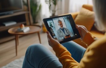 A person in a yellow sweater holds a tablet displaying a video call with a doctor in a well-lit living room.