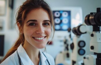 A smiling ophthalmologist stands in a clinic filled with advanced optical equipment.