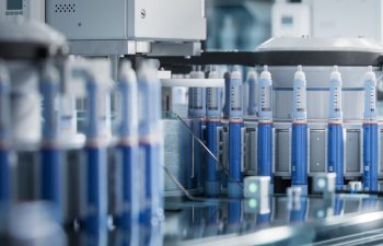 Medical Drug Production Plant. Insulin Injection Pens on Conveyor Line during Production Process at Modern Pharmaceutical Factory. Weight Loss Medication Manufacturing.