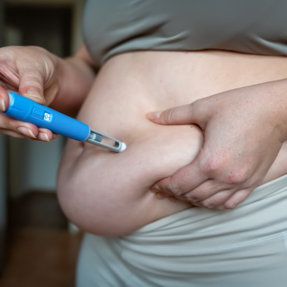 woman injecting a GLP-1 weight loss medication into belly fat, demonstrating semaglutide treatment at home. The image shows a hand holding a blue injection pen and pinching abdominal skin, illustrating obesity therapy, fat reduction and modern metabolic healthcare.
