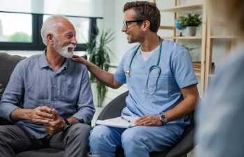 Happy doctor talking to senior male patient while being in a home visit.