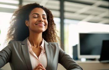 Relaxed and smiling business woman meditating in the office. Generative AI