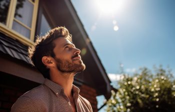 A man with a beard stands outside near a house, looking up toward the bright sun in a clear blue sky.