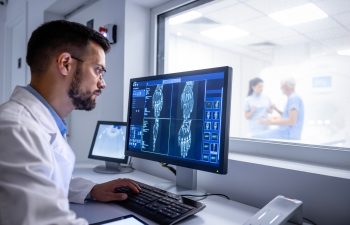 MRI diagnostic center control room and neurologist examining patient X-ray images on large display.