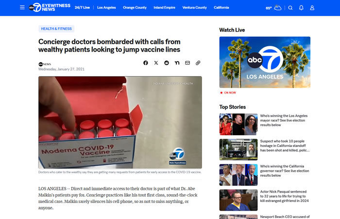 Screenshot of a news article about concierge doctors receiving calls from wealthy patients seeking to bypass COVID-19 vaccine lines, featuring an image of Moderna vaccine vials.