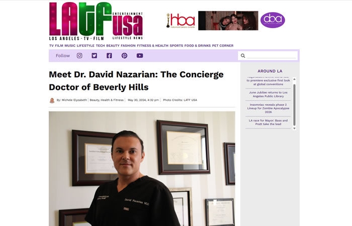 Dr. David Nazarian stands in an office with framed certificates on the wall, featured in an online article titled 